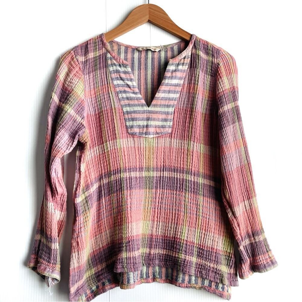 Soft Surroundings 100% Cotton Gauze Fabric Muslin Plaid Top Tunic size PS
